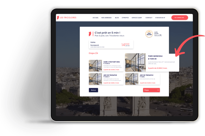 Écran de tablette montrant un site immobilier avec une fenêtre pop-up proposant des offres de location et de vente de bureaux à partir de 140€