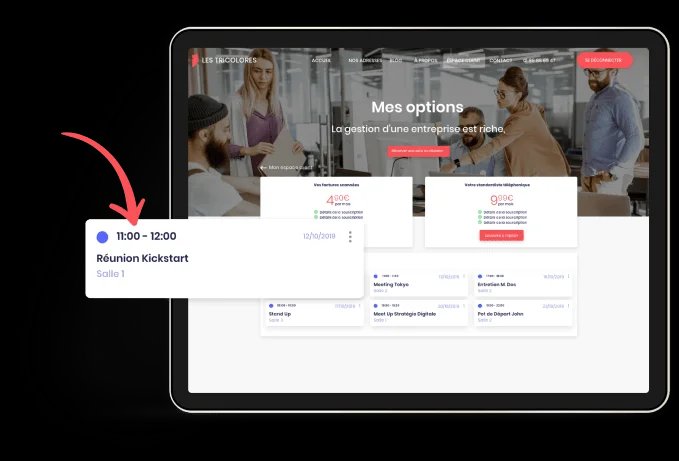 Écran de tablette affichant un site web avec en avant-plan une fenêtre pop-up d'événement "Réunion Kickstart" de 11h00 à 12h00